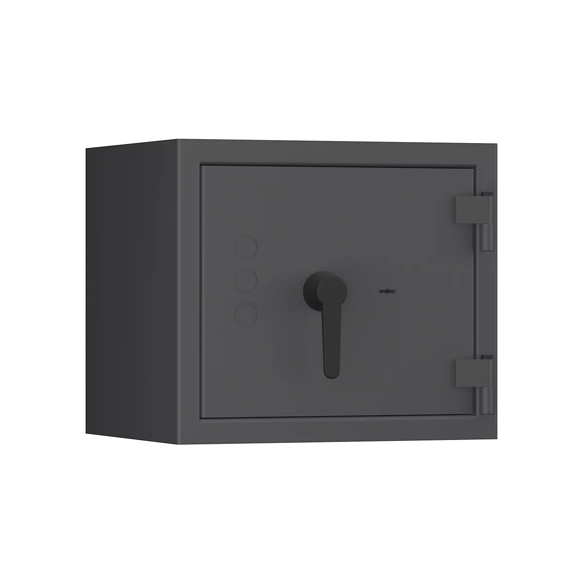 Coffre-fort gris sur fond neutre. Il possède une poignée, trois boutons et une charnière de porte.