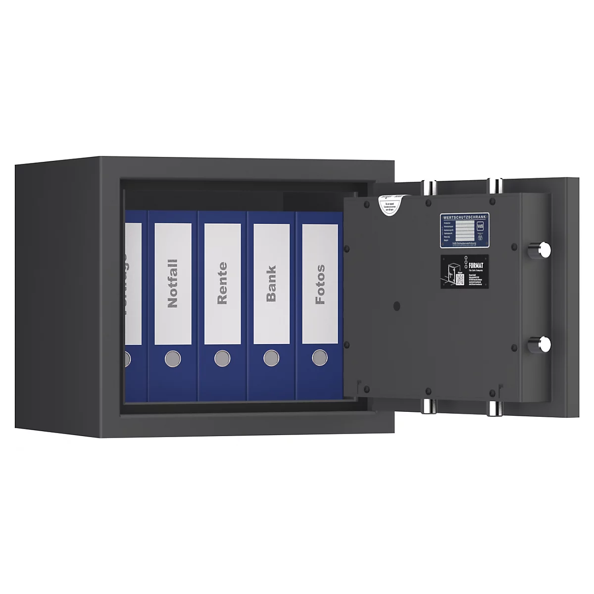 Porte de coffre-fort noire ouverte avec des dossiers bleus étiquetés Urgence, Retraite, Banque, Photos.