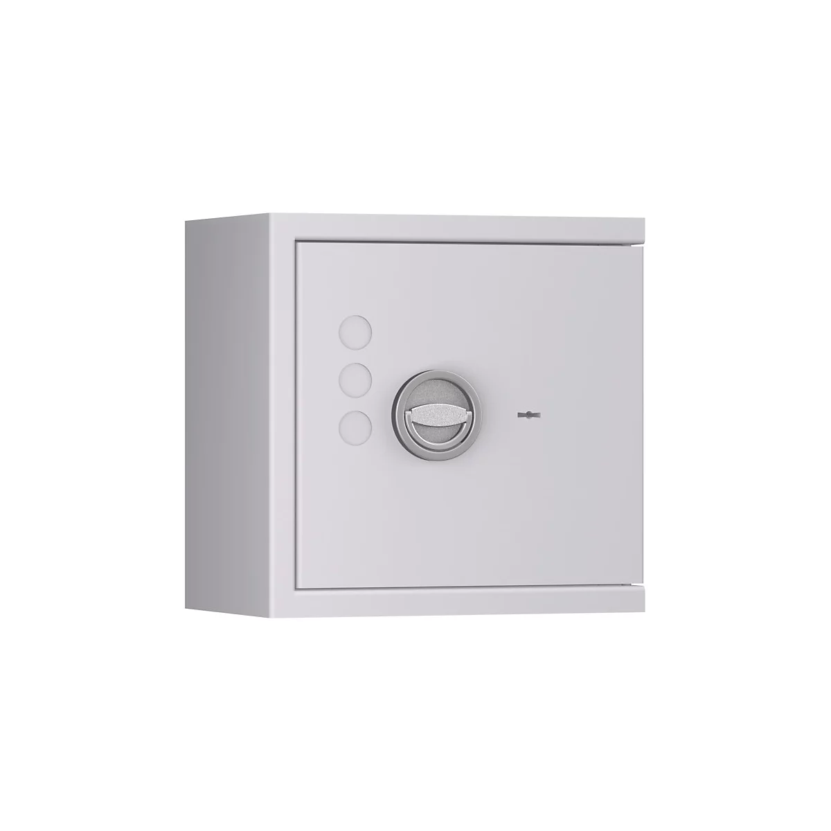 Un coffre-fort blanc avec une poignée de porte et trois boutons.