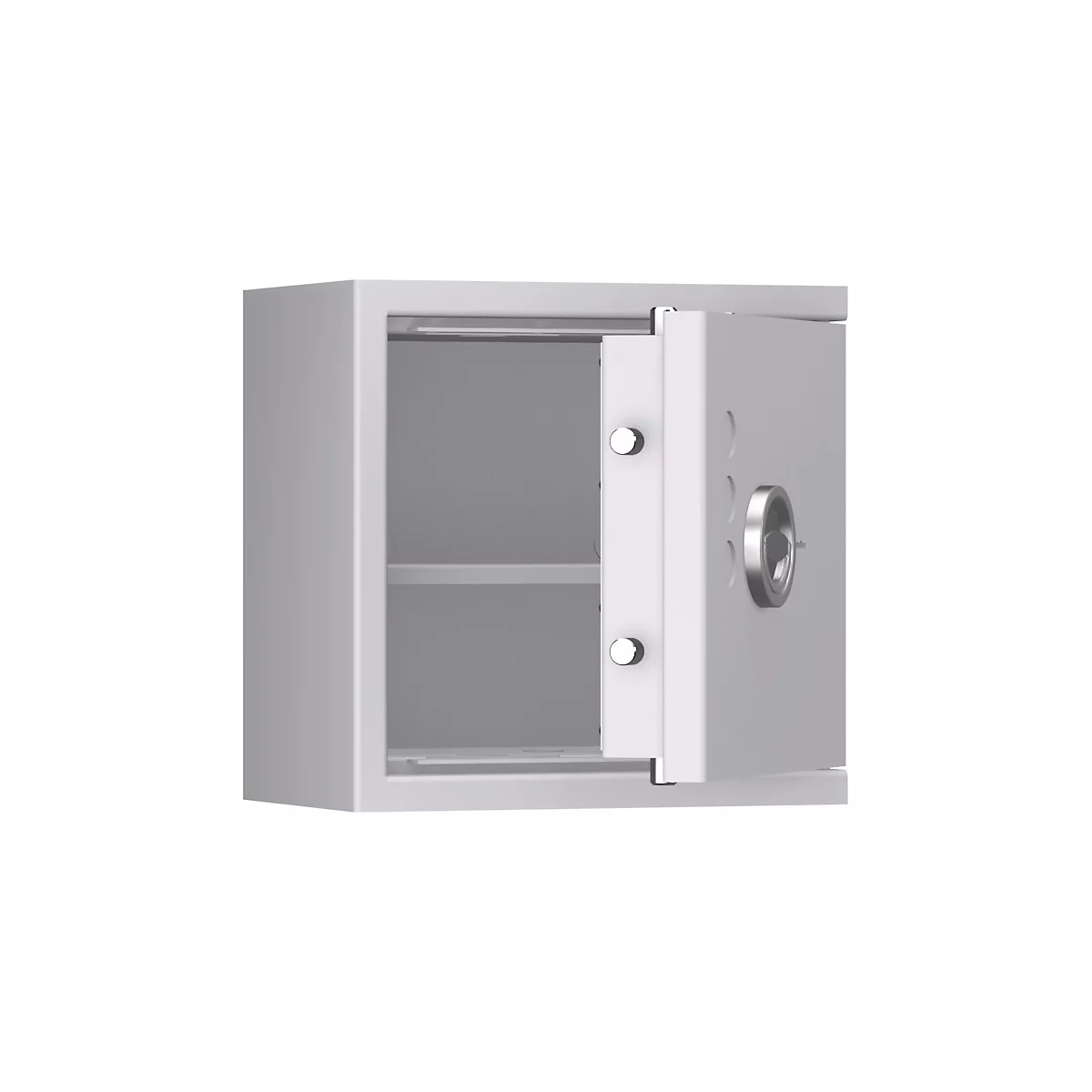 Un coffre-fort gris ouvert. La porte est à moitié ouverte, avec une poignée et des découpes décoratives. À l'intérieur, il y a une étagère.