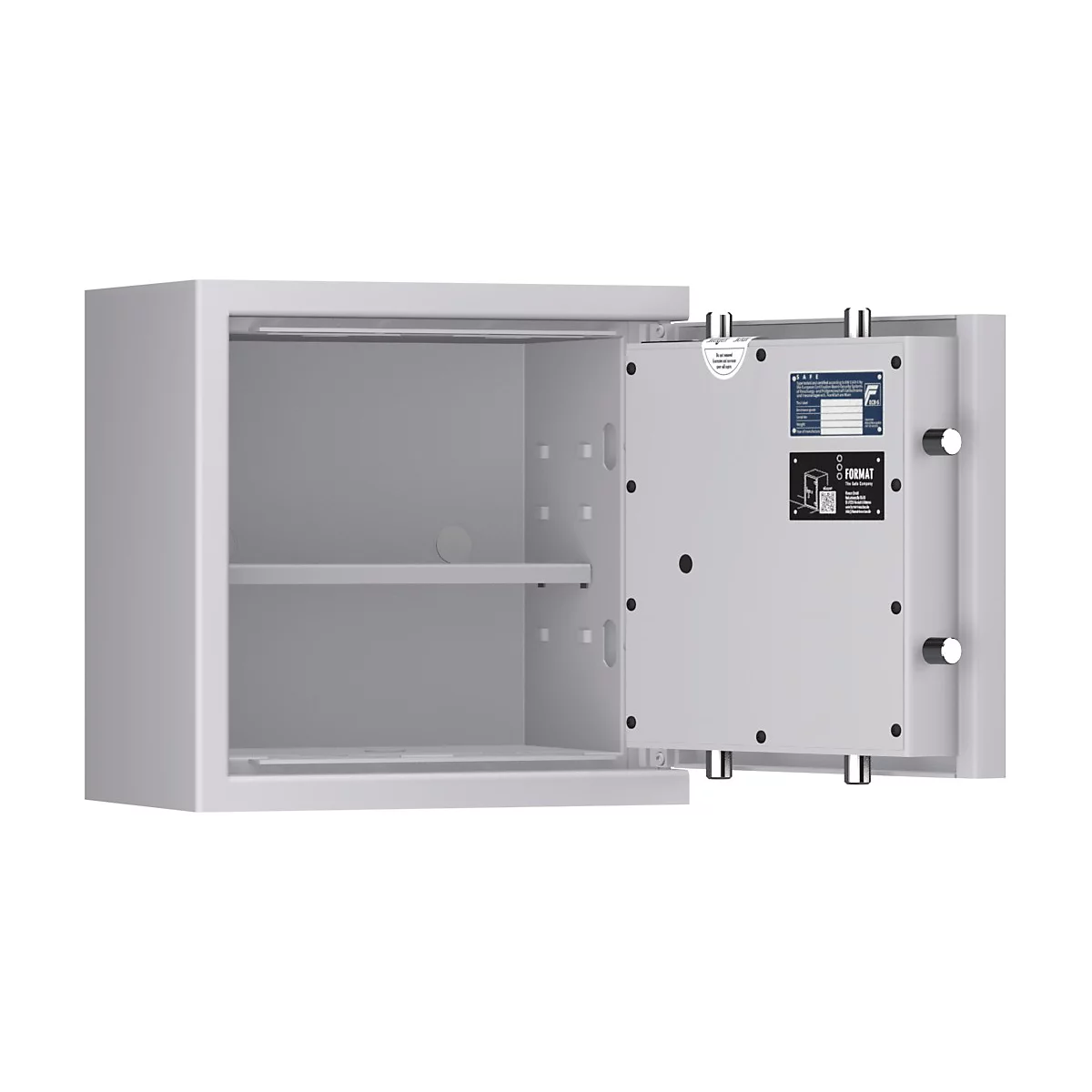 Coffre-fort gris, porte ouverte, intérieur avec étagère. Autocollants et informations sur la porte.