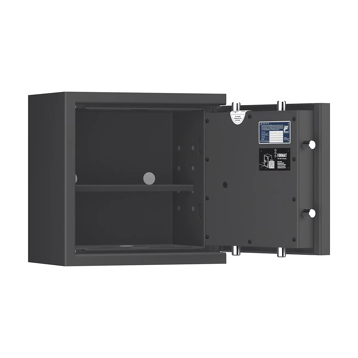 Un coffre-fort gris ouvert. À l'intérieur, une étagère et des autocollants sont visibles.