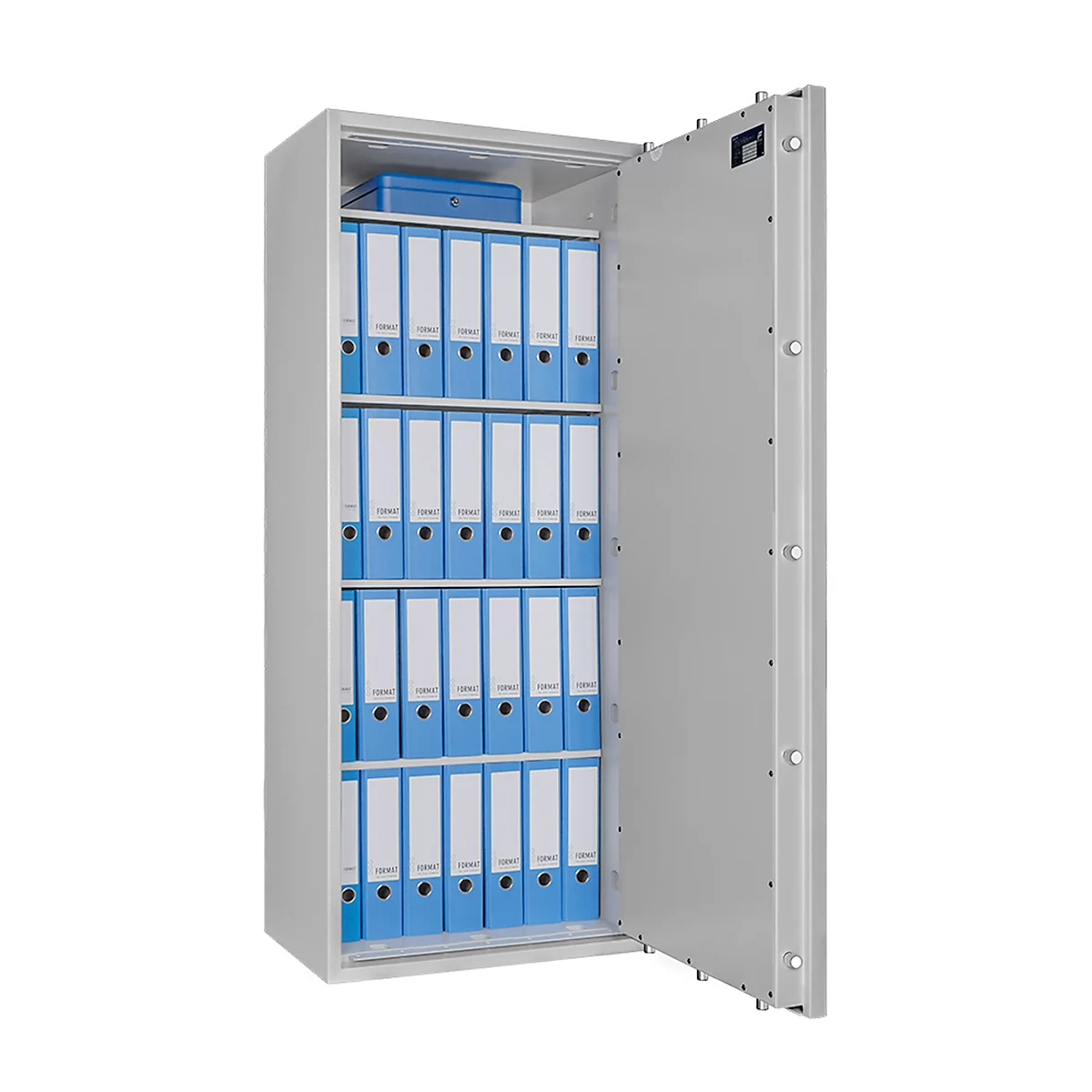 Coffre-fort Lyra 16, classe I selon EN 1143-1, 252 l, charnières à droite, serrure à double panneton, 4 tablettes, L 650 x P 420 x H 1550 mm, gris clair RAL 7035