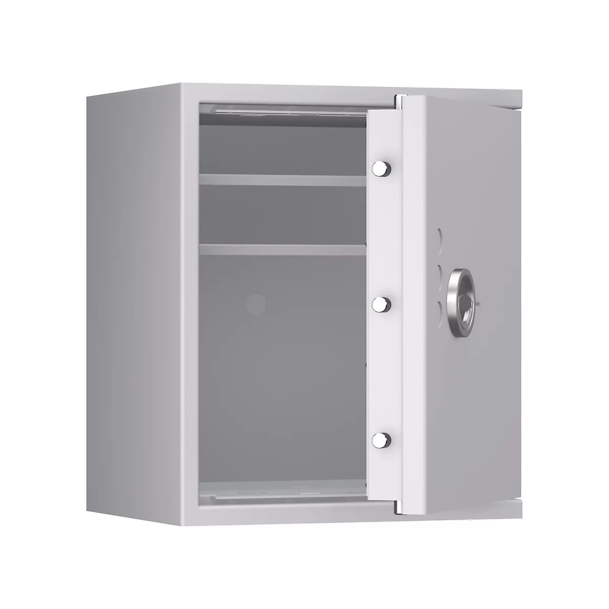 Un coffre-fort gris, la porte est ouverte, deux étagères. Une poignée est sur la porte et les charnières sont visibles.