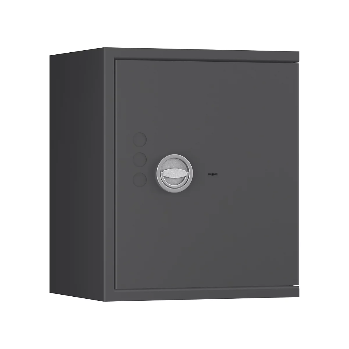 Coffre-fort rectangulaire gris. Une poignée rotative avec trois boutons en dessous. A droite, une petite serrure.