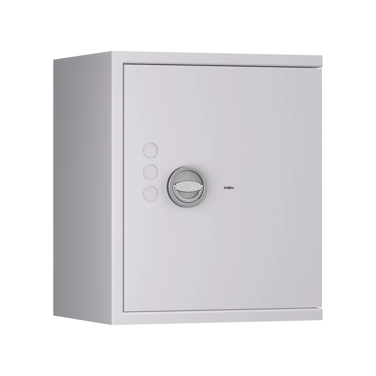 Un coffre-fort blanc avec un bouton rotatif rond et trois boutons au-dessus.