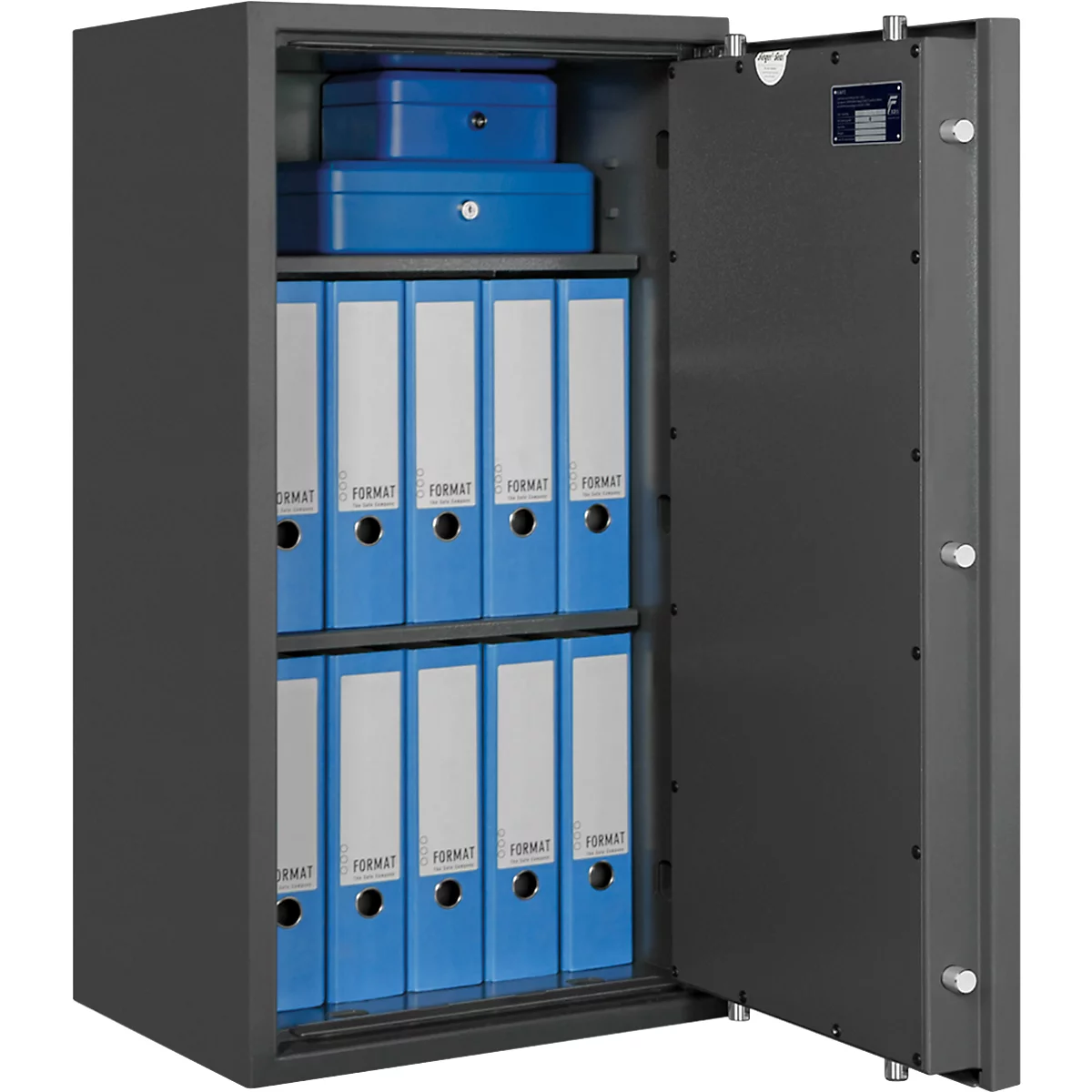Coffre-fort ouvert avec des classeurs et des boîtes bleues. La porte est ouverte.