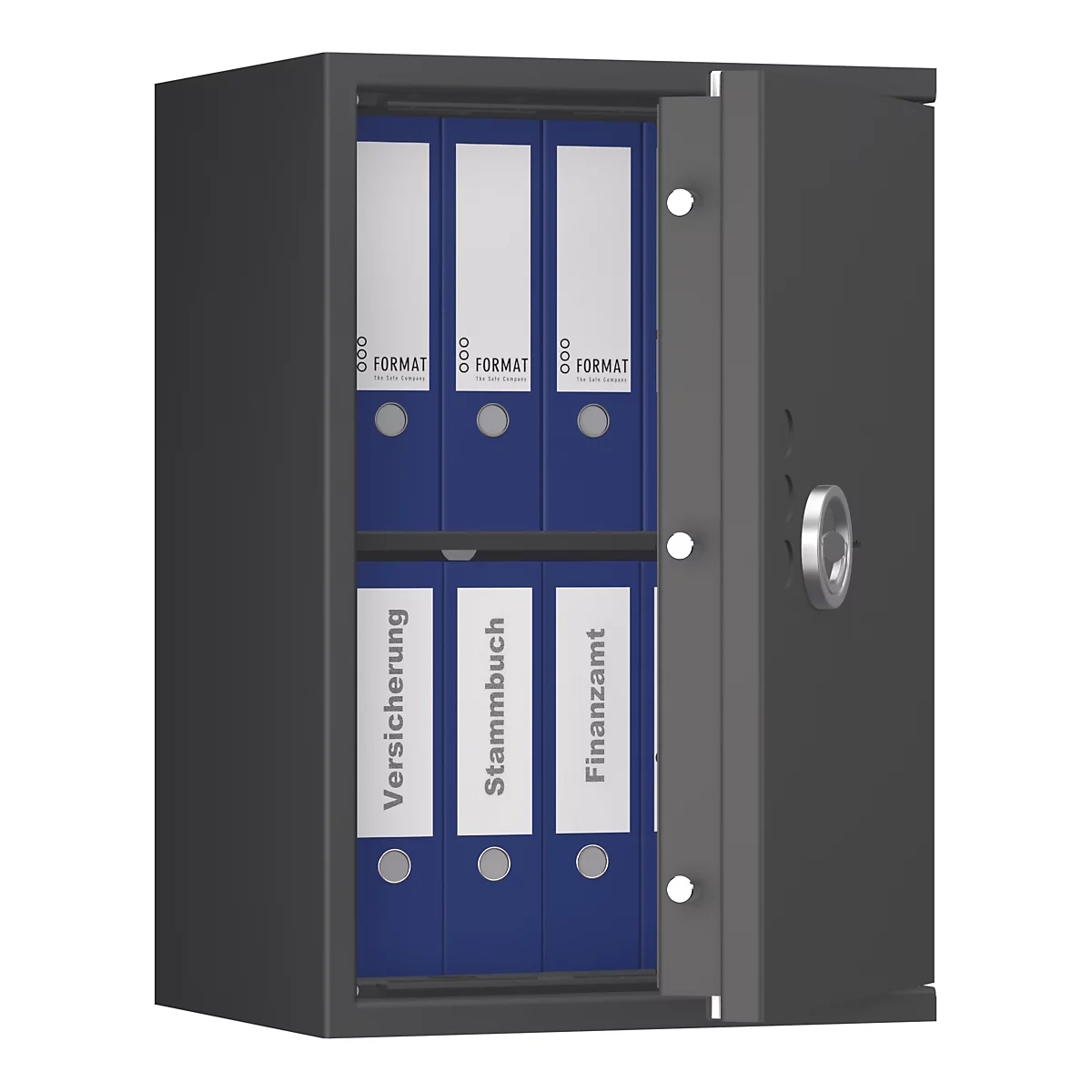 Un coffre-fort ouvert contenant des dossiers bleus. Les dossiers portent les termes 'Assurance', 'Registre' et 'Bureau des impôts'.