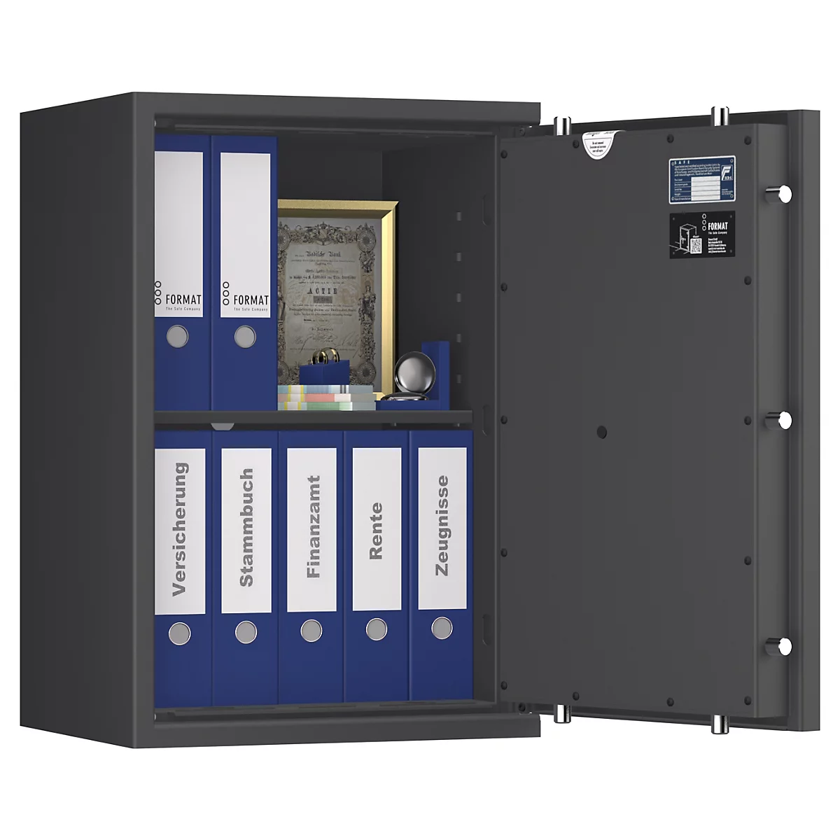 Coffre-fort ouvert avec dossiers et documents. Assurances, finances, certificats.