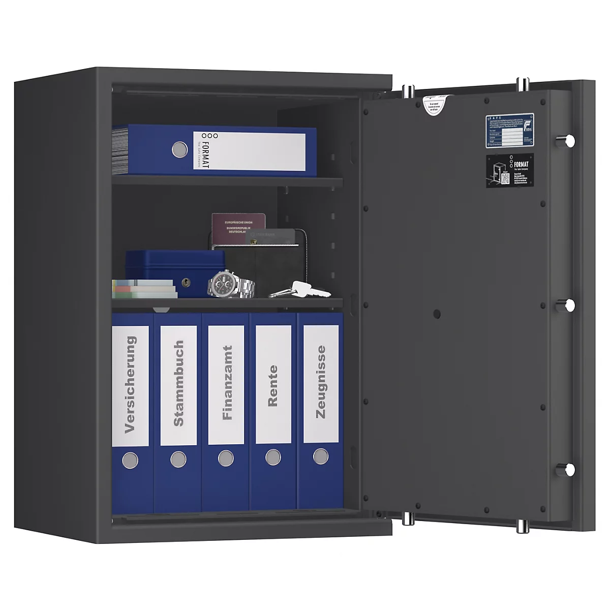 Coffre-fort gris ouvert avec des dossiers et documents bleus. Étiquettes : Assurance, Registre de famille, Bureau des impôts, Retraite, Certificats.