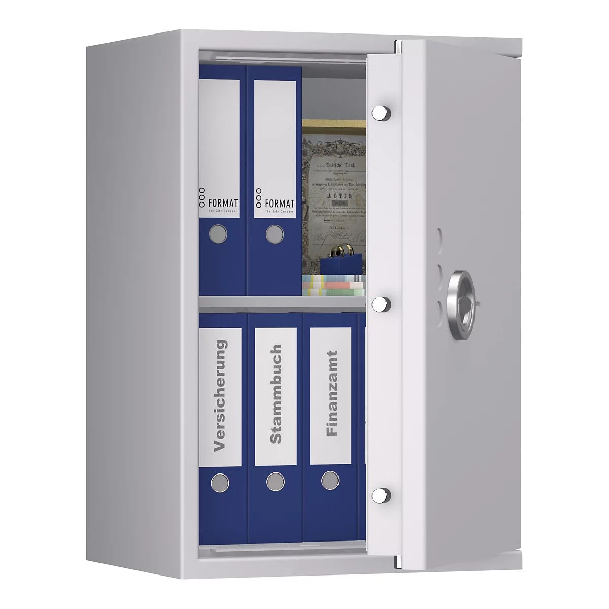 Armoire en acier ouverte avec des dossiers bleus portant les mentions "Assurance", "Livret de famille" et "Service des impôts".