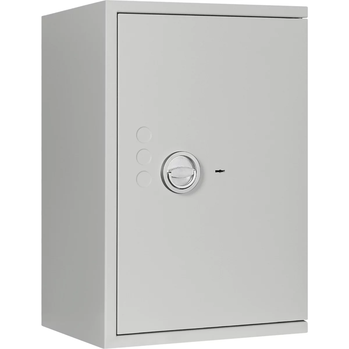 Coffre-fort gris avec une poignée ronde et trois renfoncements ronds sur la porte.