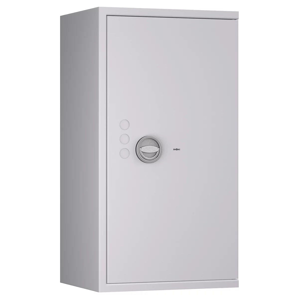 Coffre-fort gris sur fond blanc. Des boutons ronds et une poignée rotative sont visibles sur la porte.