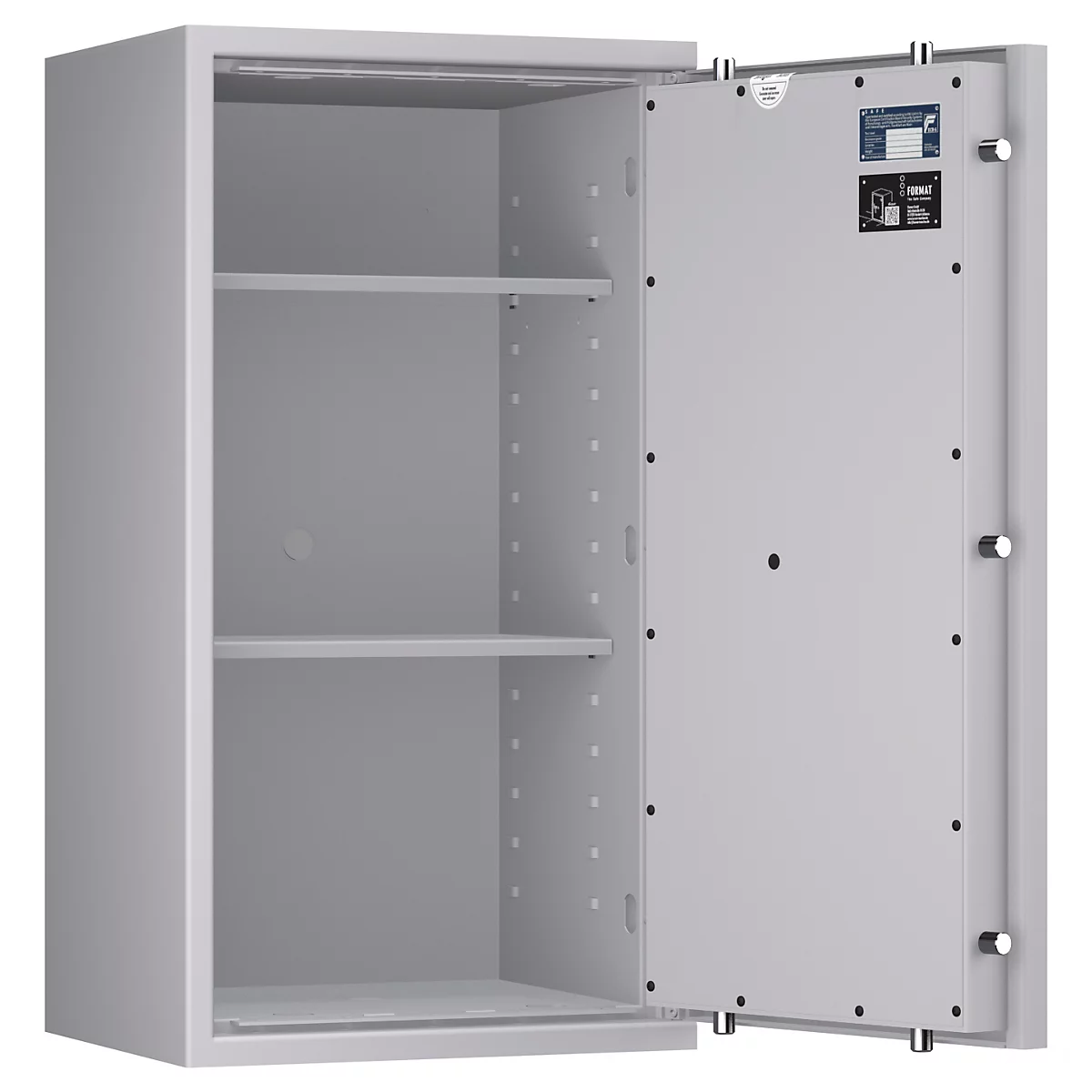 Coffre-fort gris, porte ouverte, deux étagères. Des étiquettes d'information sont fixées sur la porte.