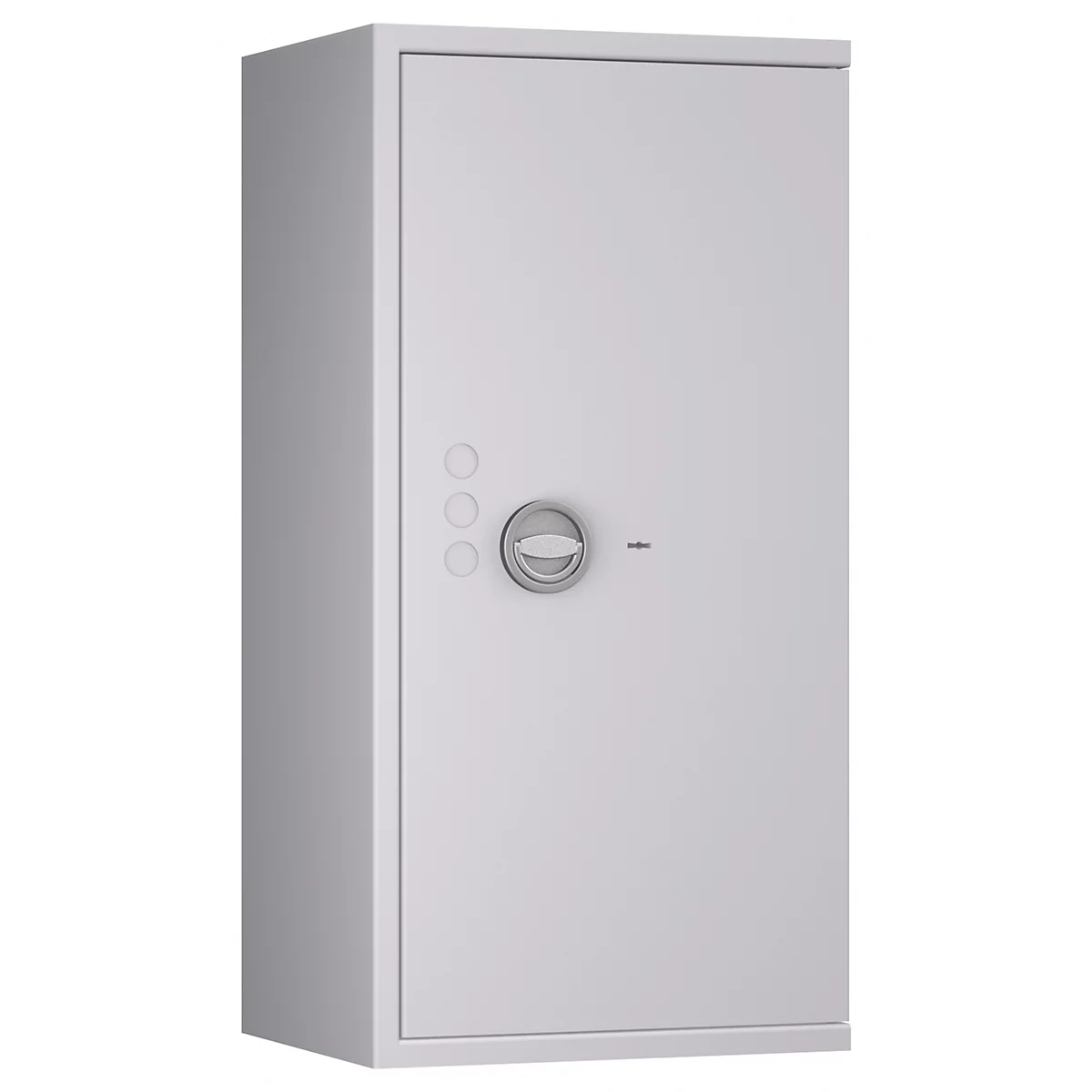 Coffre-fort gris sur fond blanc, avec serrure ronde et trois boutons.