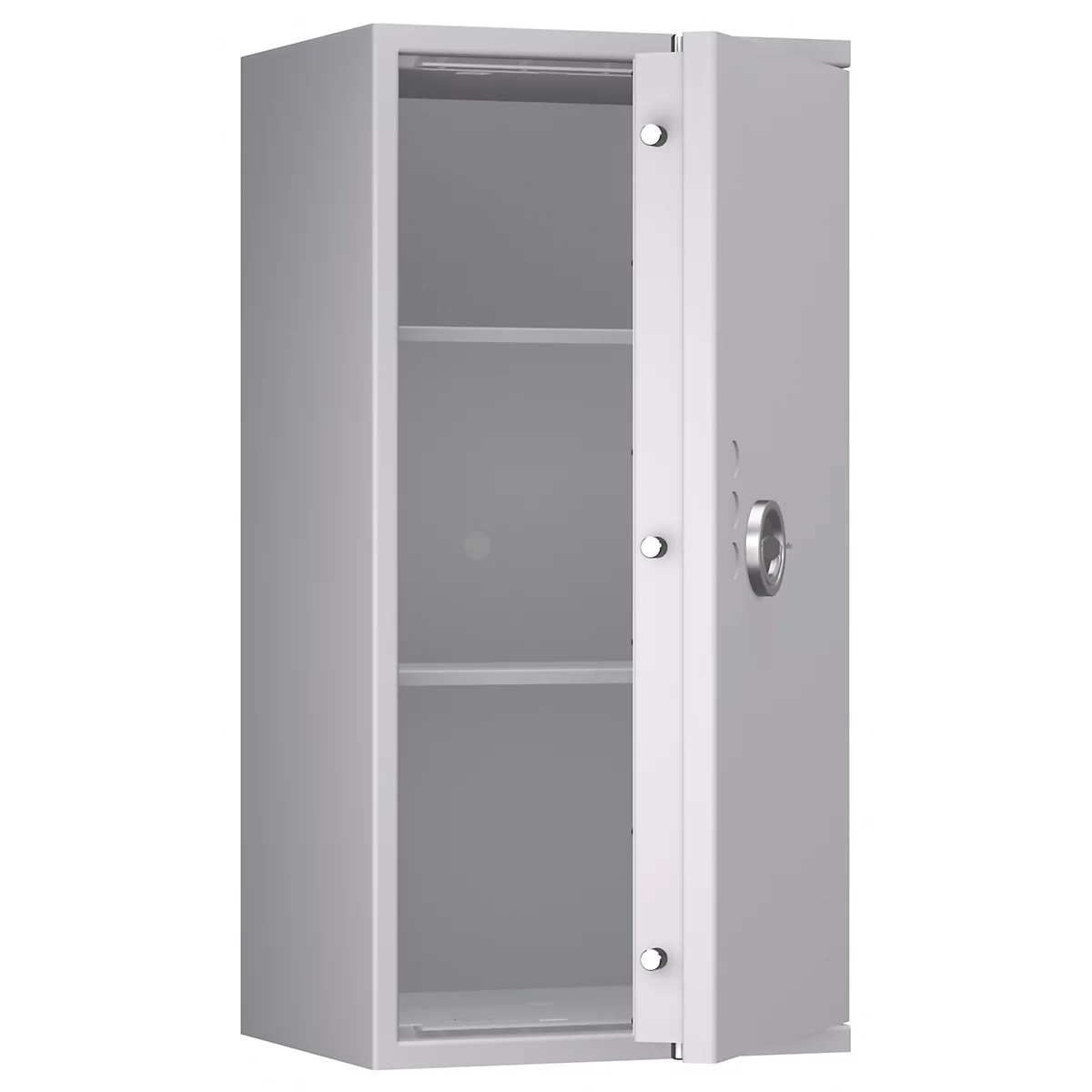 Une armoire murale grise avec une porte ouverte. À l'intérieur, deux étagères. La poignée et les charnières sont argentées.