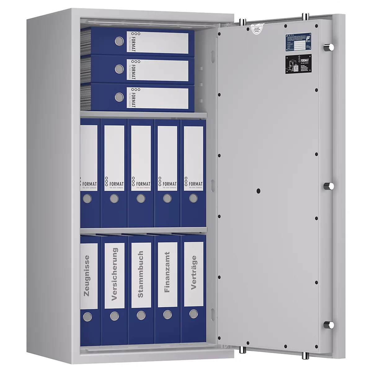 Coffre-fort gris avec la porte ouverte. Dossiers bleus avec des inscriptions telles que certificats, assurances, contrats.