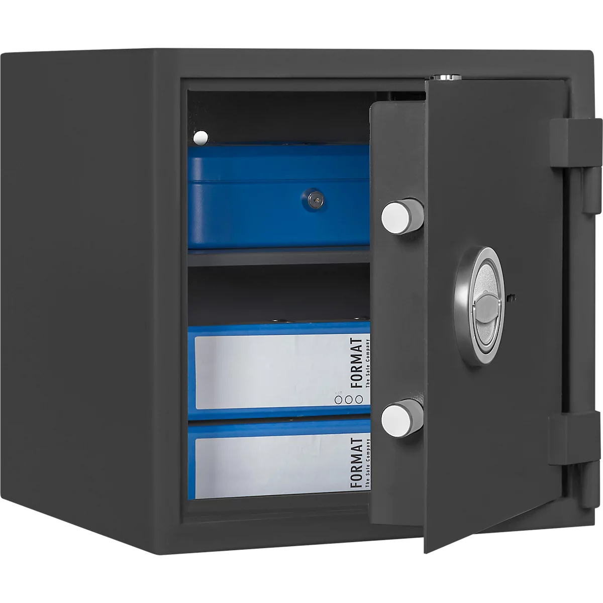 Coffre-fort MT 2, niveau de sécurité S 1 selon EN 14450, 46 dossiers l/4, serrure à double panneton avec 2 clés, 1 étagère, L 405 x P 385 x H 405 mm, gris graphite