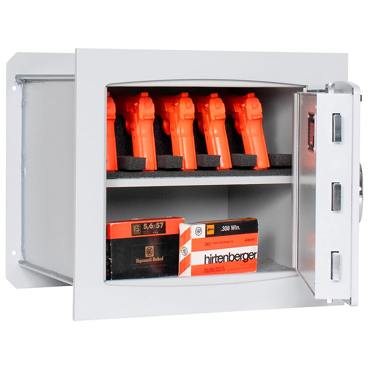 Coffre-fort ouvert pour armes à feu montrant plusieurs pistolets orange et des munitions. La porte est partiellement ouverte.