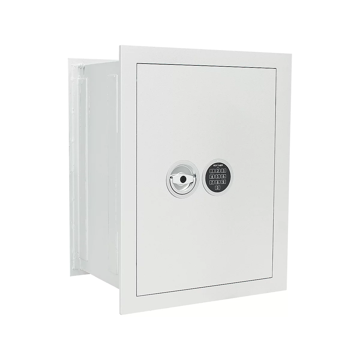 Un coffre-fort blanc avec un bouton rotatif rond et un pavé numérique, sur fond blanc.