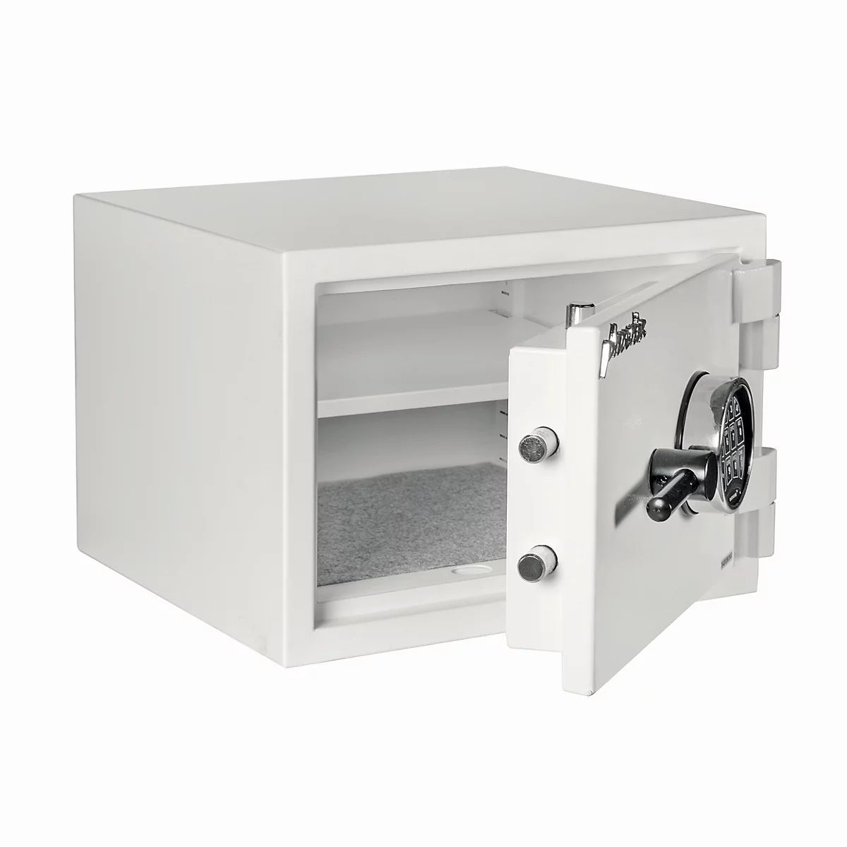 Un coffre-fort compact blanc avec porte ouverte, serrure à combinaison électronique et intérieur gris.