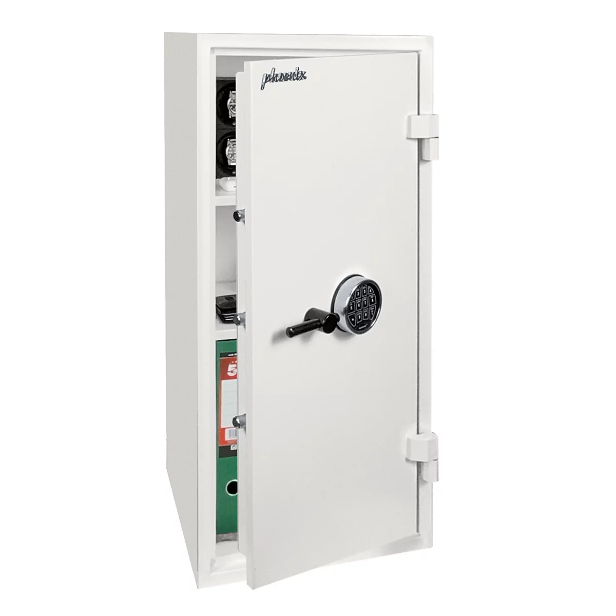 Coffre-fort Phoenix blanc avec porte ouverte, serrure électronique à code et un dossier à l'intérieur.