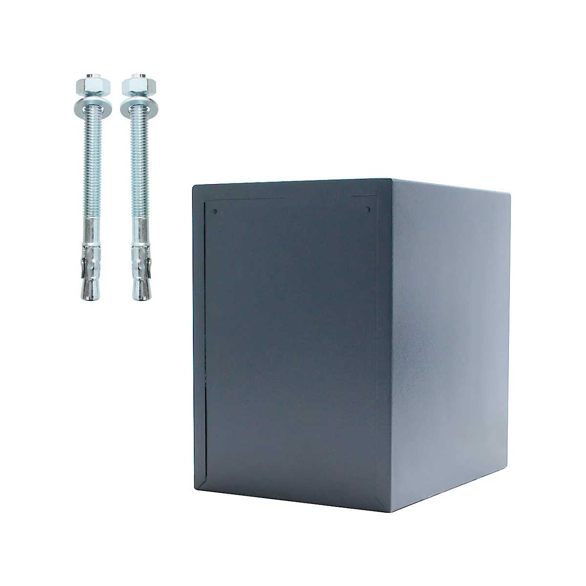 Cube gris, à côté de deux vis avec écrous. Sur fond blanc.