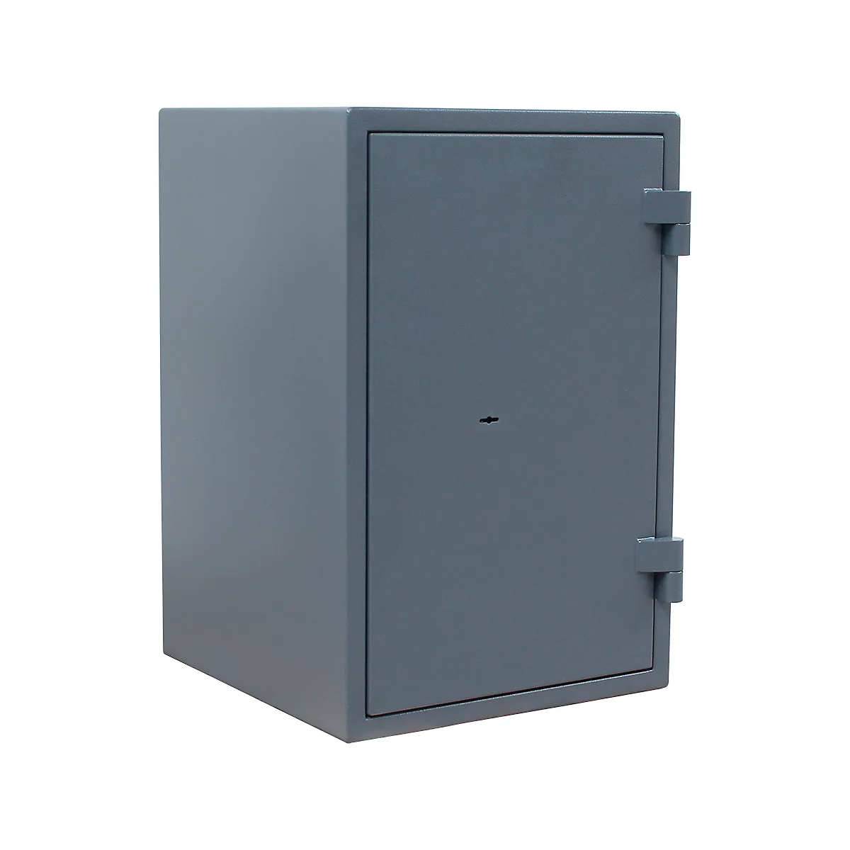 Coffre-fort gris rectangulaire avec une porte, une serrure et des charnières. Il se dresse sur un fond blanc.