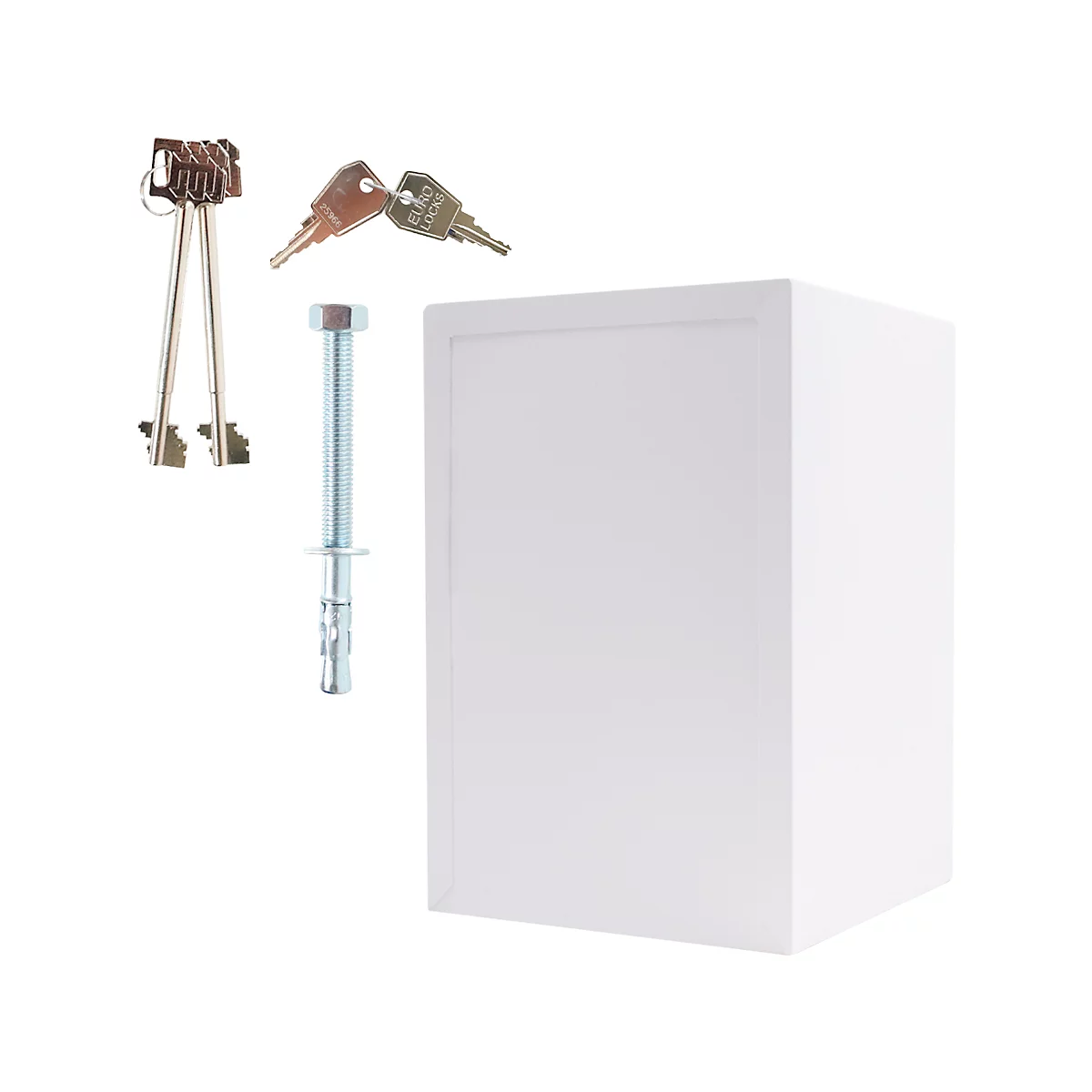 Cube blanc avec clés et vis. Sur fond blanc.