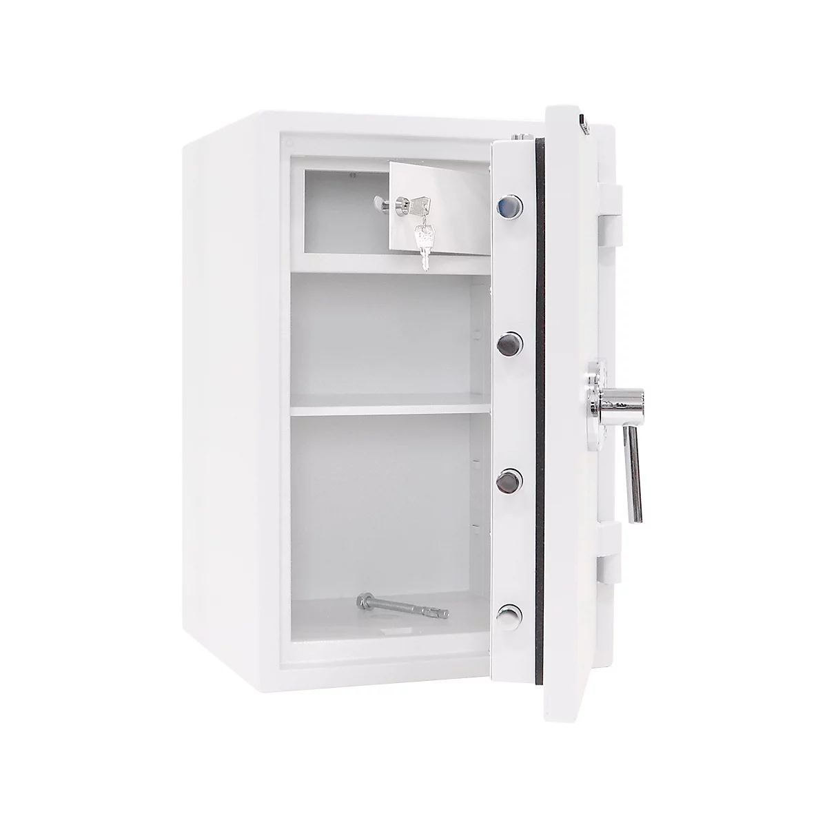 Coffre-fort blanc avec porte ouverte. Intérieur avec étagères et une clé. Une vis se trouve dans le compartiment inférieur.