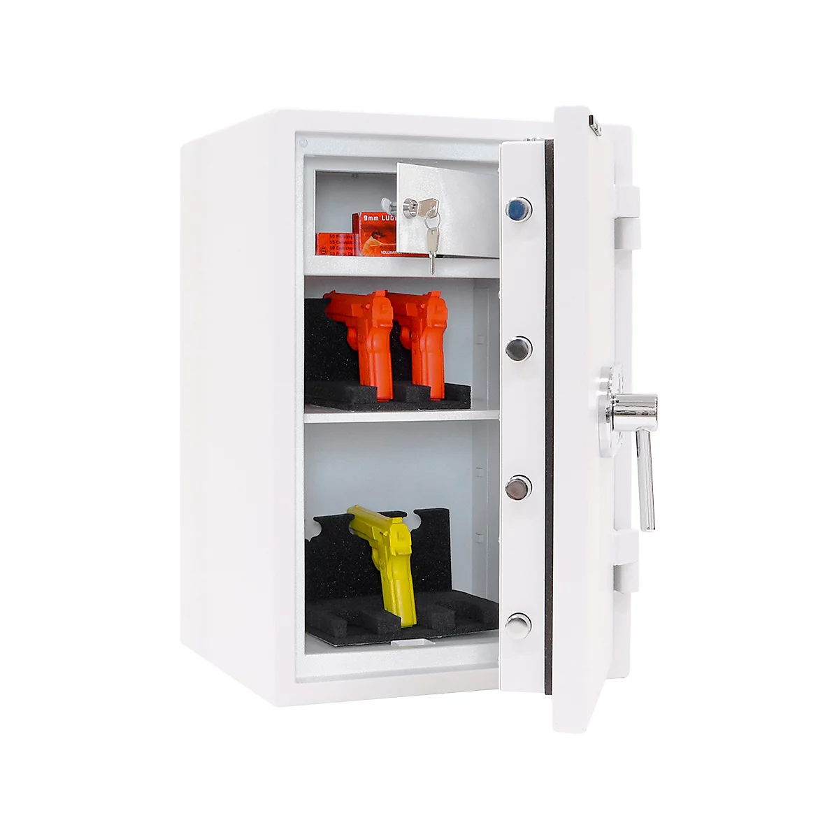 Coffre-fort blanc avec porte ouverte, à l'intérieur il y a des pistolets orange et jaunes et des clés. La porte a une poignée argentée.