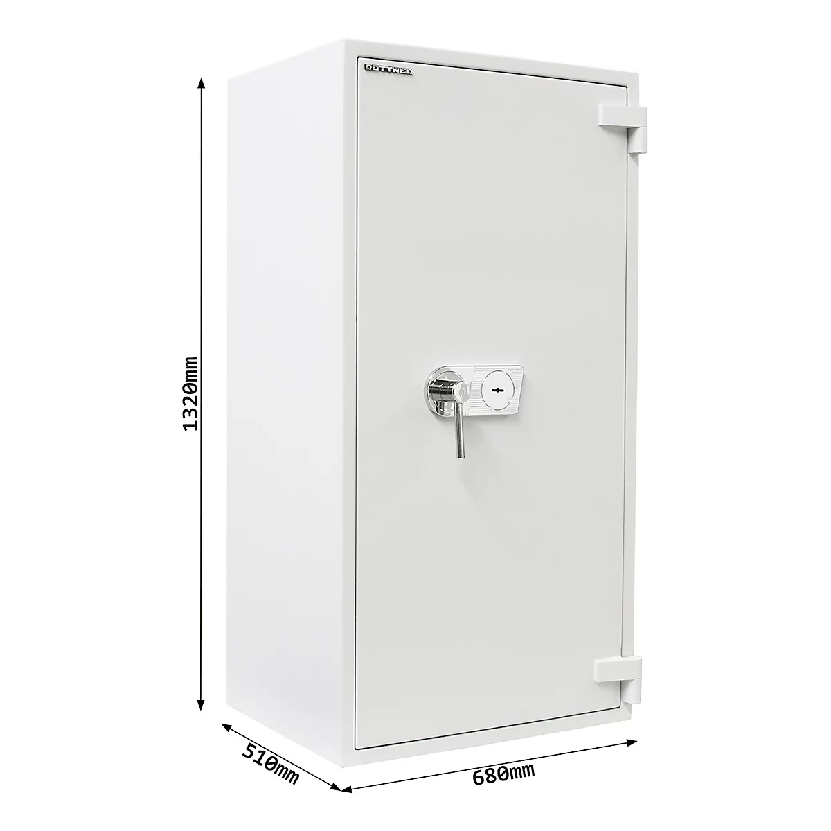 Coffre-fort blanc, dimensions : 1320mm x 680mm x 510mm, avec clé et serrure. Inscription : "BACO"
