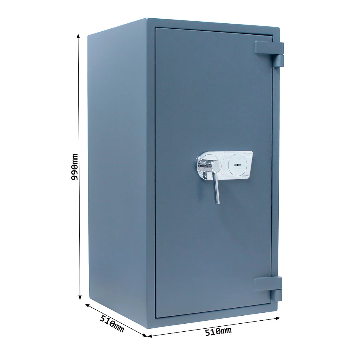 Coffre-fort gris avec fermeture rotative, dimensions : 990mm x 510mm x 510mm.