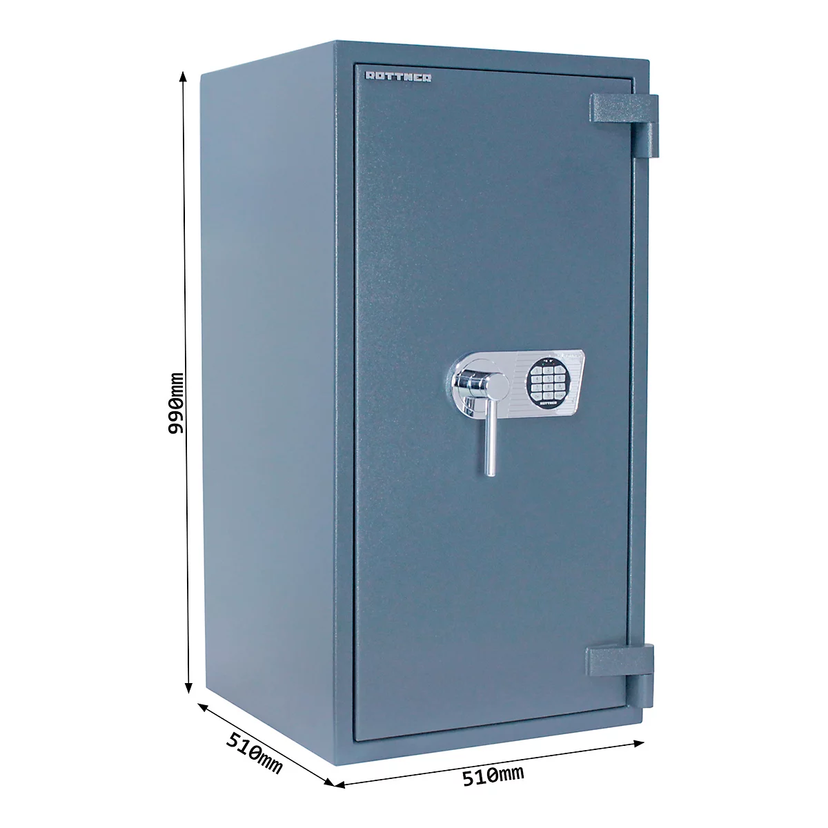 Coffre-fort bleu acier avec serrure numérique. Dimensions indiquées : 990 mm de haut, 510 mm de large et de profond.