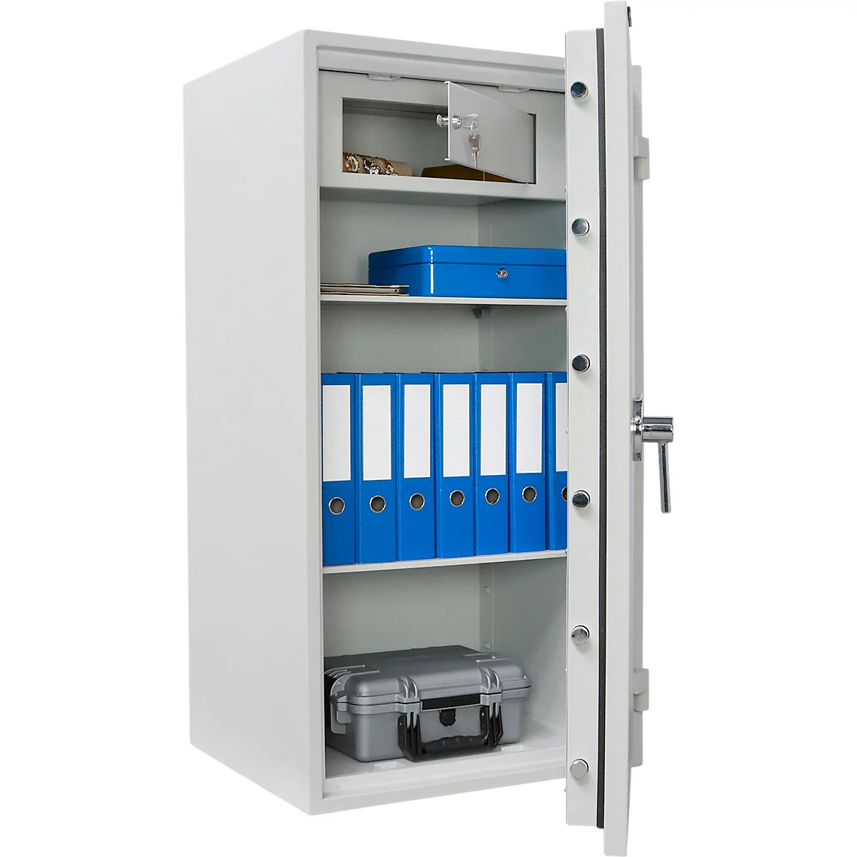 Coffre-fort blanc, ouvert, avec documents et objets de valeur. Une porte est ouverte.