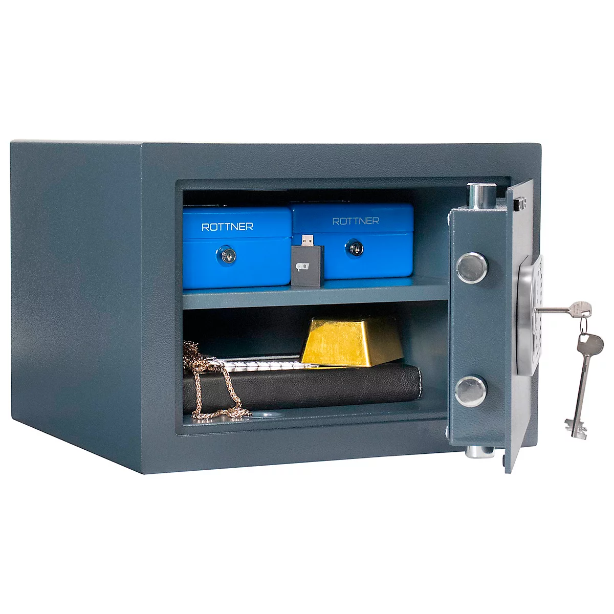 Coffre-fort ouvert avec intérieur bleu, rempli d'objets de valeur, lingot d'or et bijoux. Les clés sont insérées.