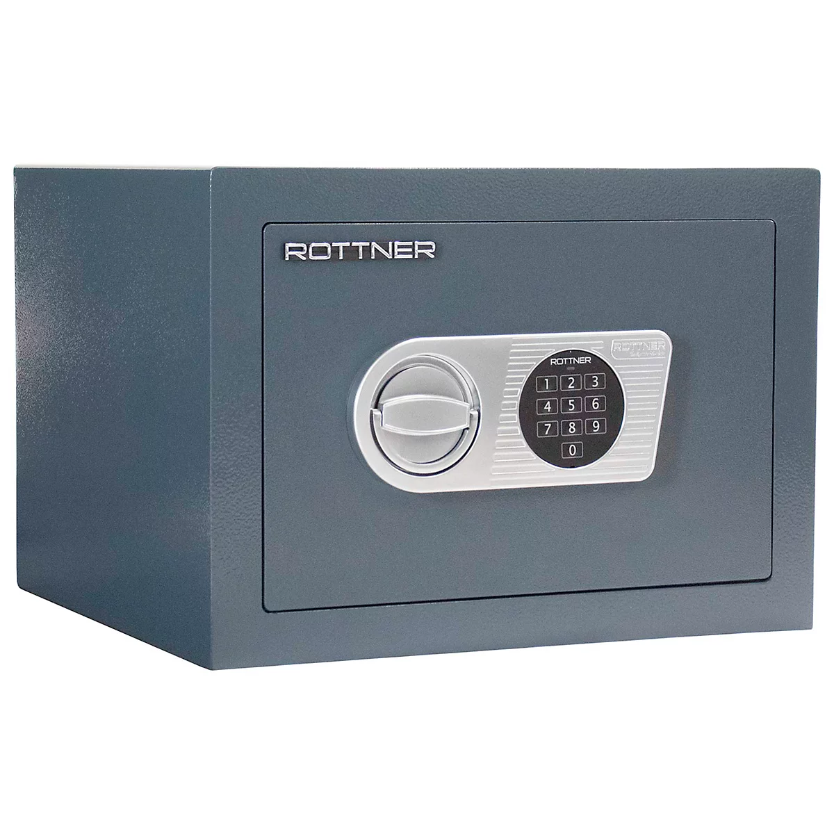 Coffre-fort gris avec clavier numérique et bouton rotatif, marque Rottner. Le coffre-fort est devant un fond neutre.