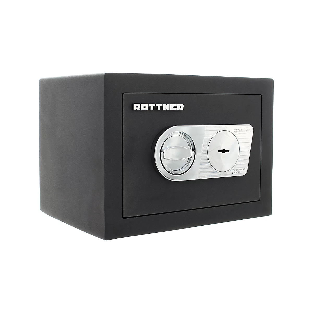Coffre-fort noir avec bouton rotatif argenté et trou de serrure. Le mot "ROTTNER" est en haut.