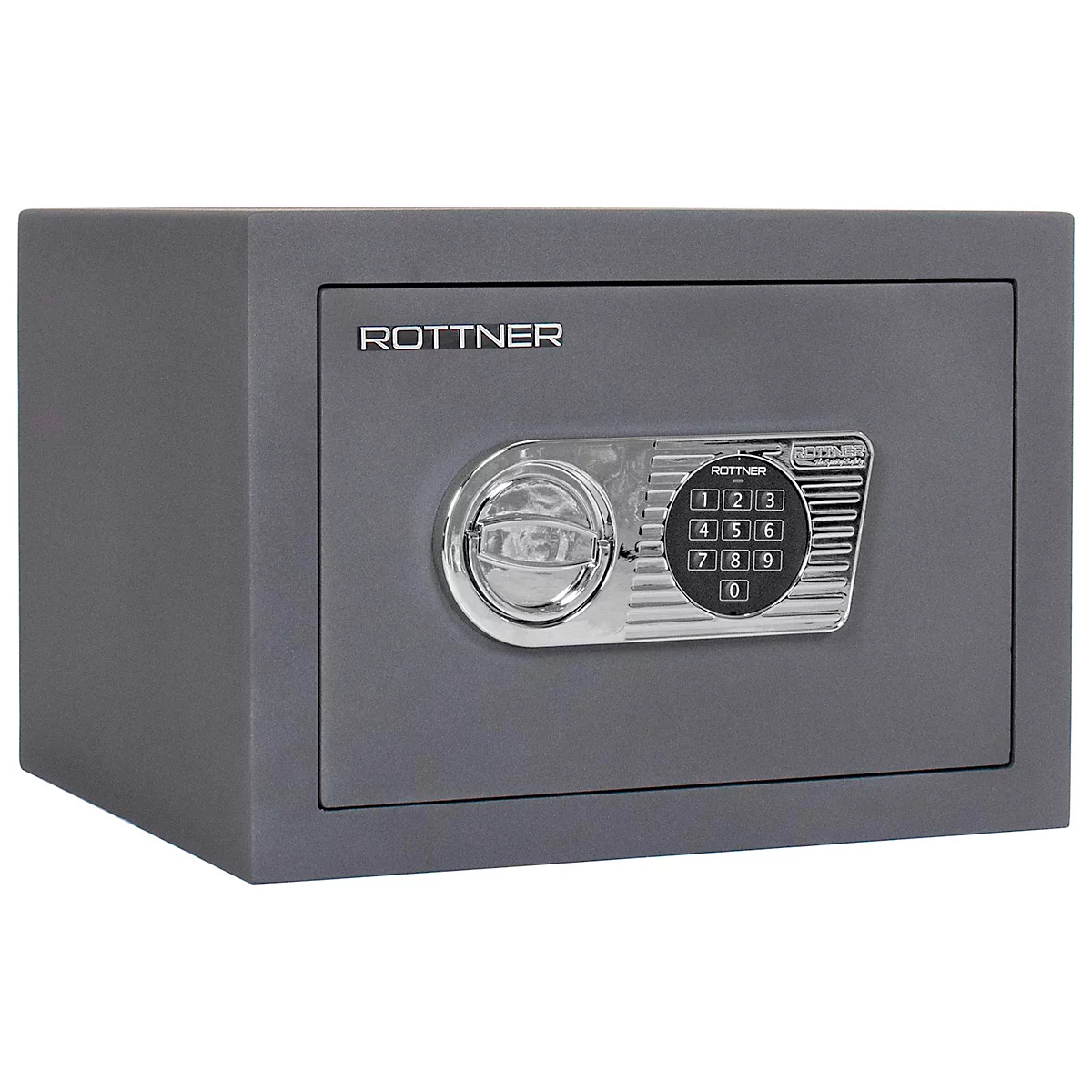 Coffre-fort gris avec clavier et l'inscription "ROTTNER".