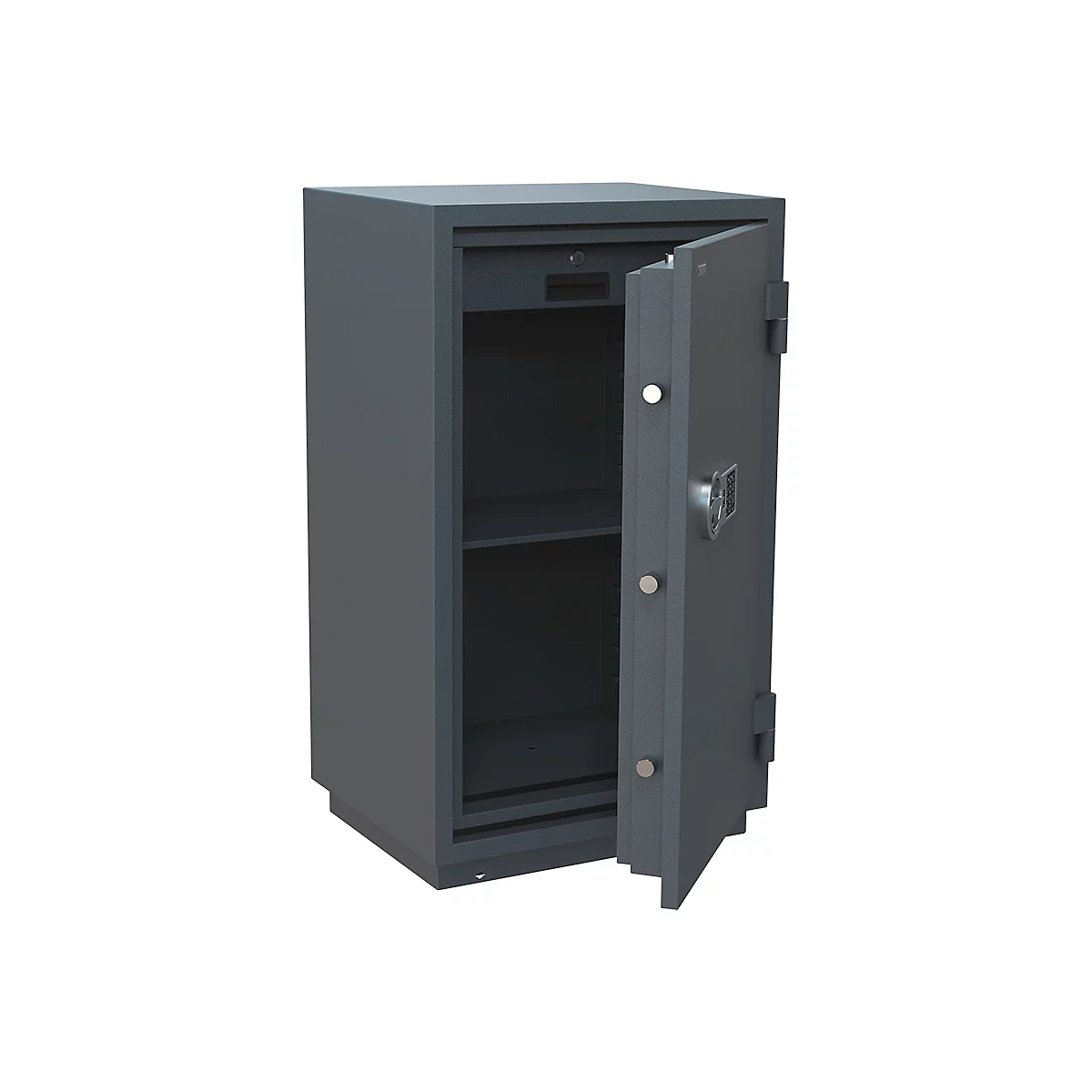 Un coffre-fort gris avec la porte ouverte, révélant un intérieur avec une étagère et un compartiment verrouillable.