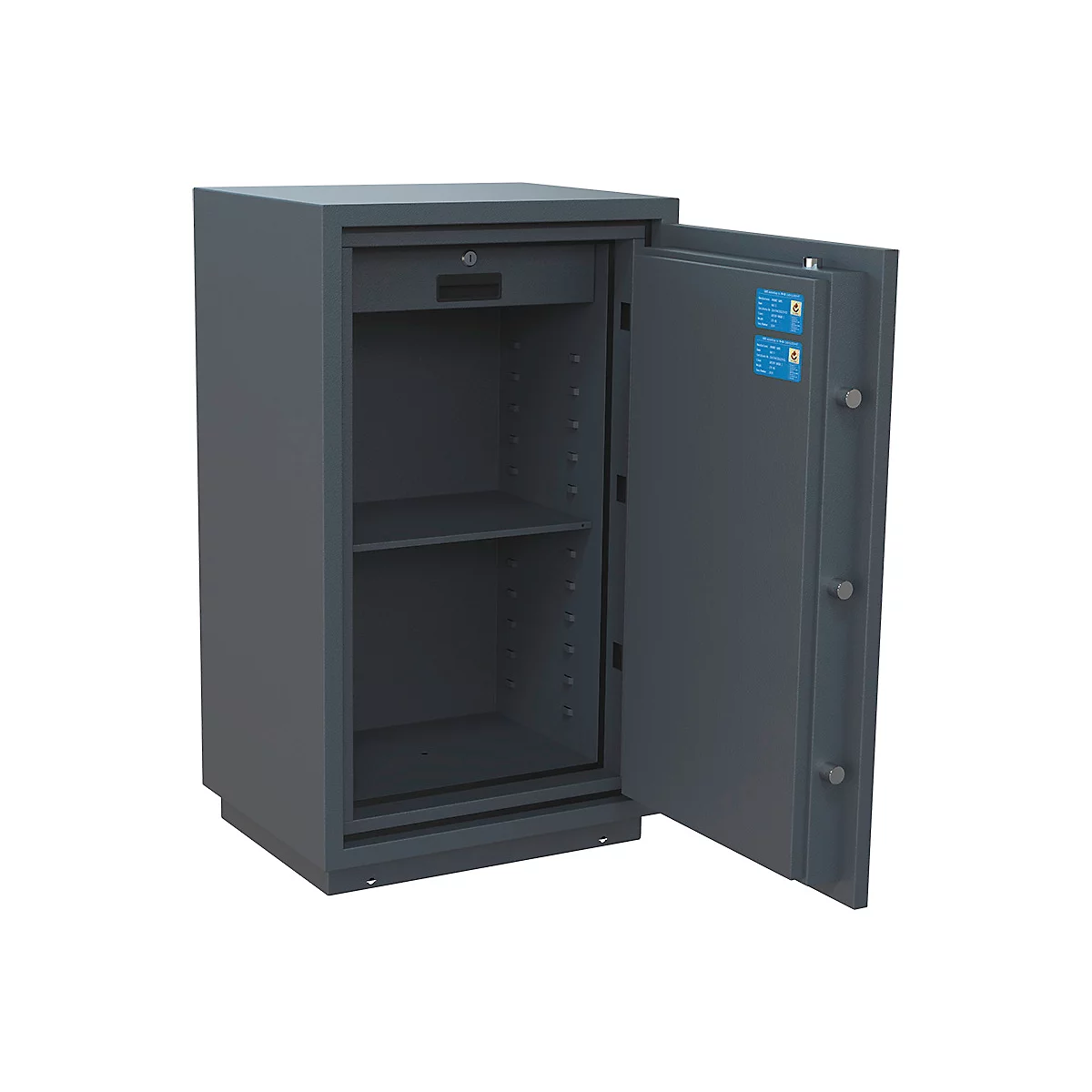 Coffre-fort gris avec porte ouverte, une étagère et un compartiment intérieur verrouillable.