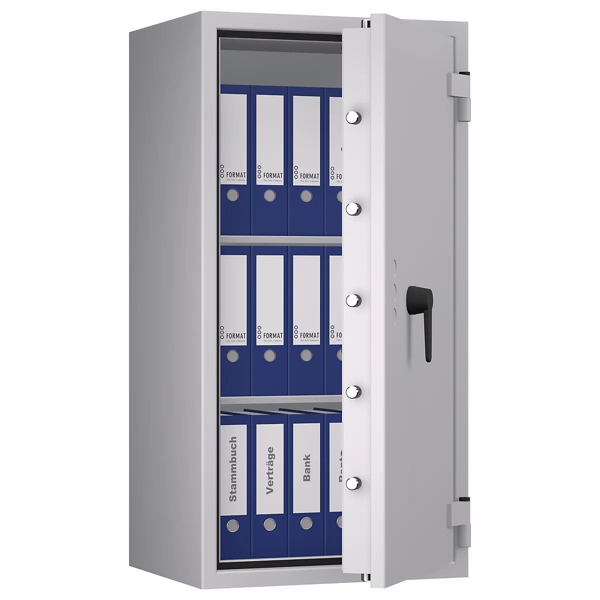Coffre-fort gris, ouvert. Classeurs bleus remplis. Inscription sur les classeurs : Stammbuch, Verträge, Bank.
