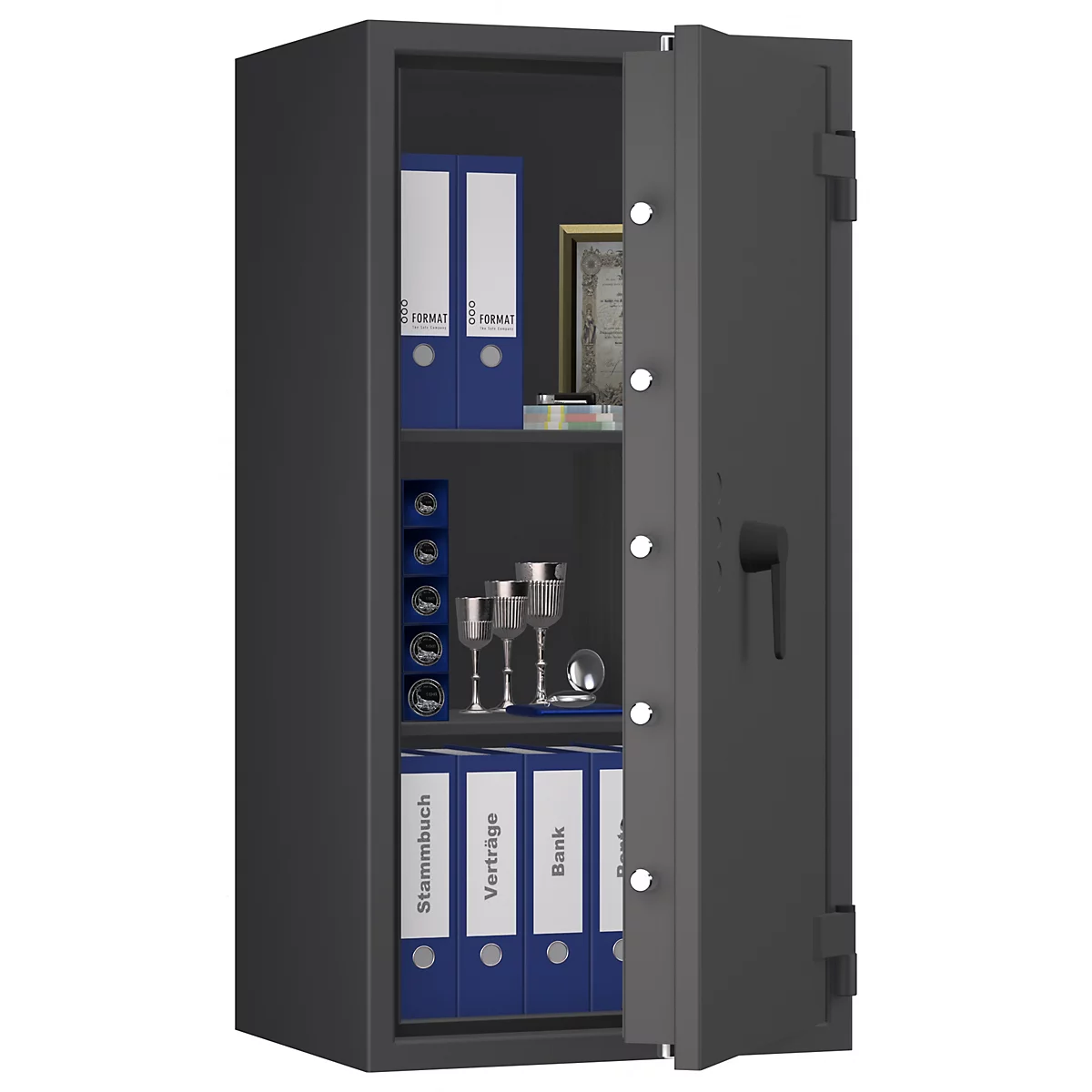 Coffre-fort gris, porte ouverte, dossiers, verres, porte-bouteilles.