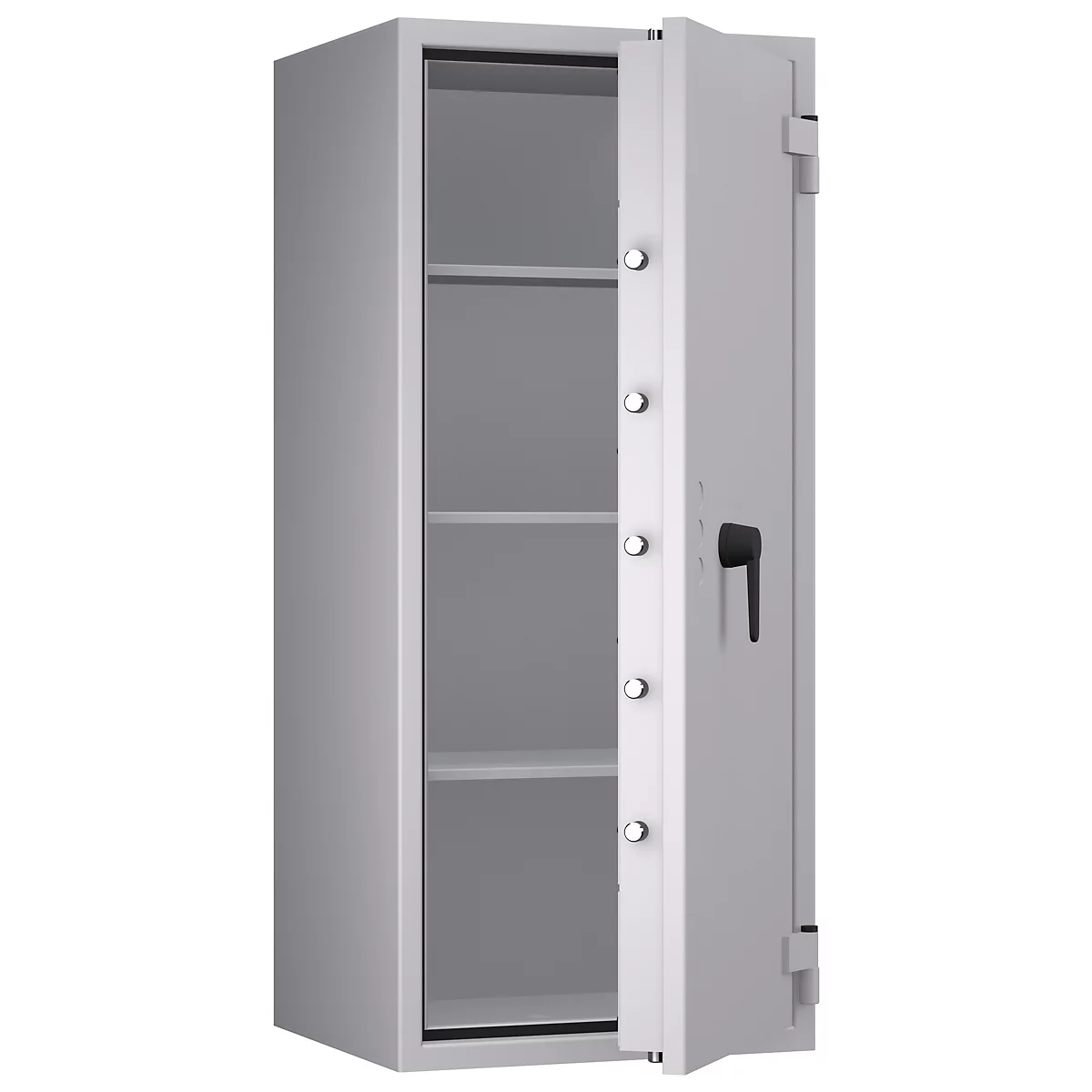 Un coffre-fort en acier blanc ouvert avec des étagères. La porte est à moitié ouverte, montrant la poignée et les fermetures.