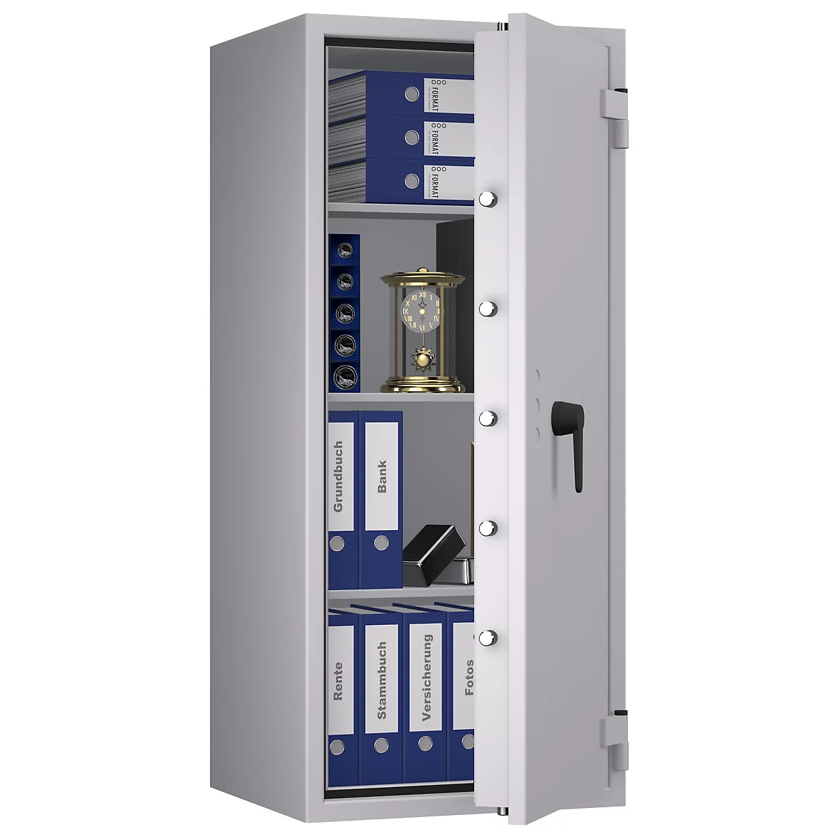 Coffre-fort ouvert avec des dossiers et une horloge, texte sur les dossiers.