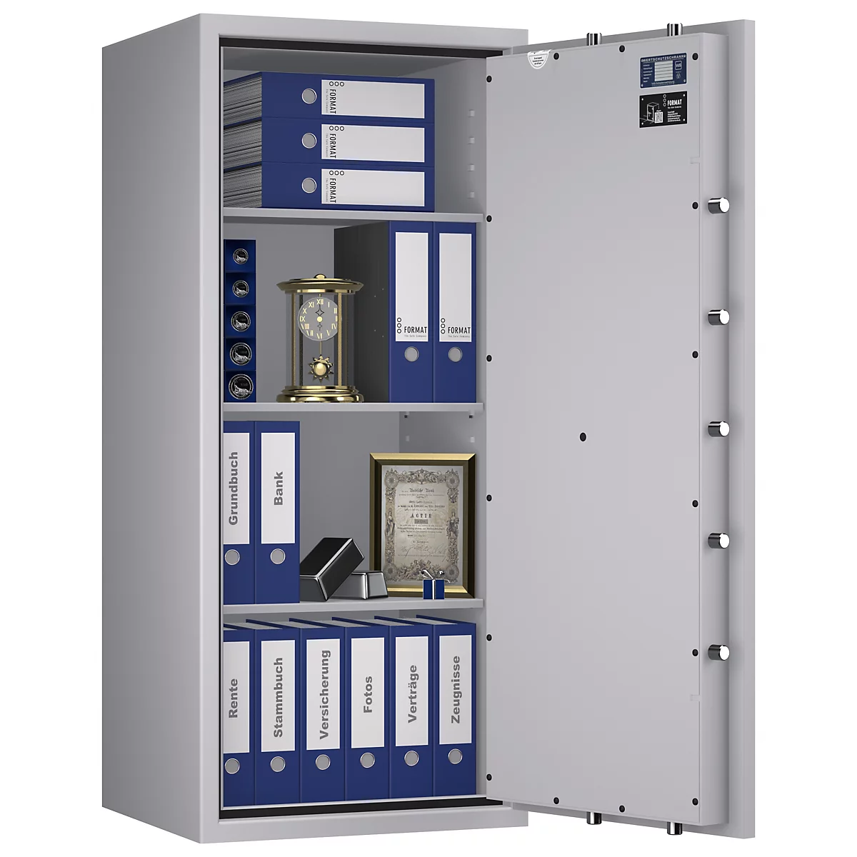 Coffre-fort ouvert avec dossiers, certificat et horloge.