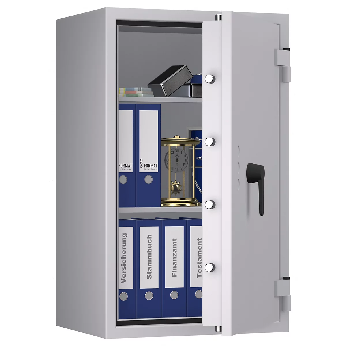 Un coffre-fort gris ouvert avec des dossiers bleus, dont "Versicherung", "Stammbuch", "Finanzamt", "Testament". Horloge intérieure.