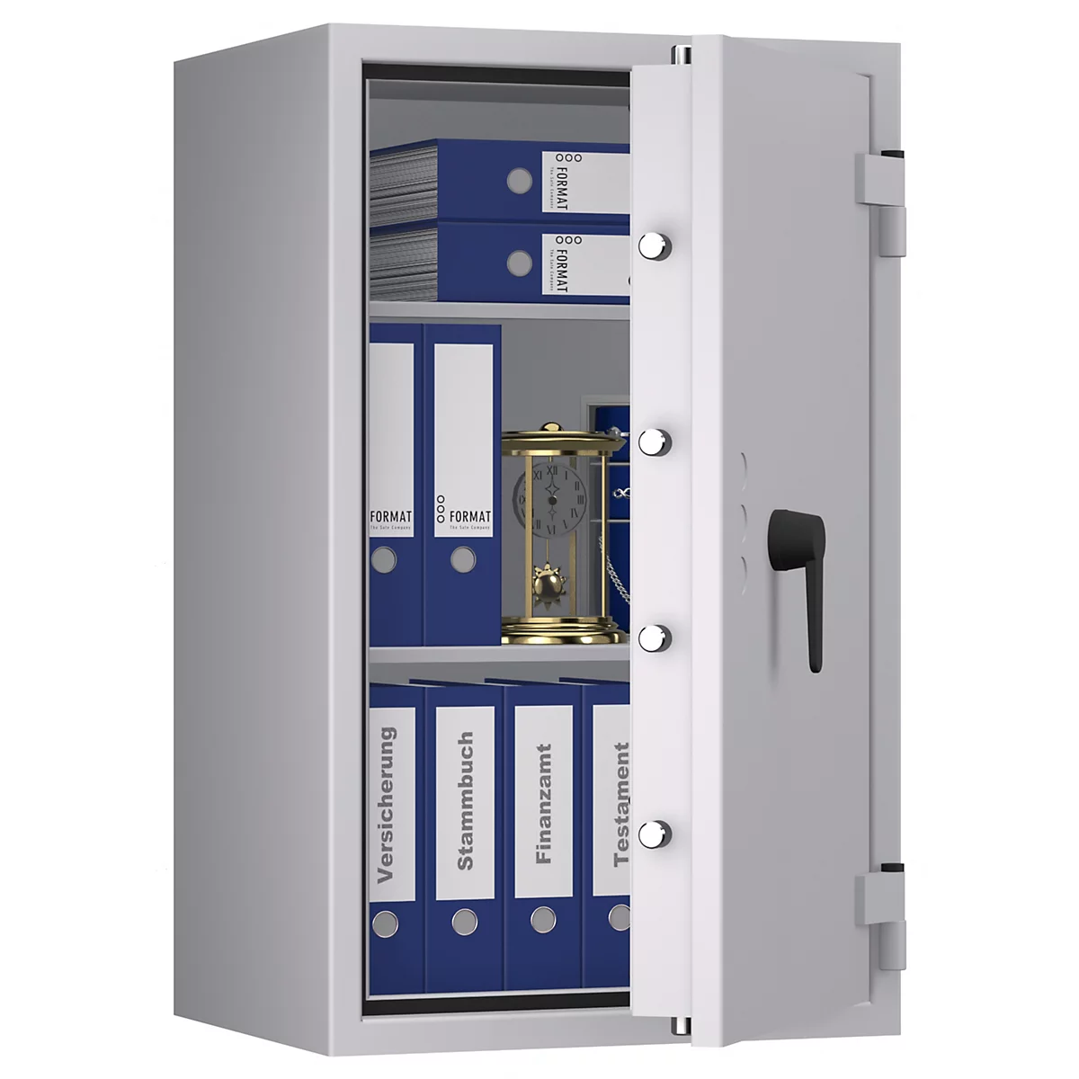 Coffre-fort gris, entrouvert. À l'intérieur, des dossiers et une horloge.
