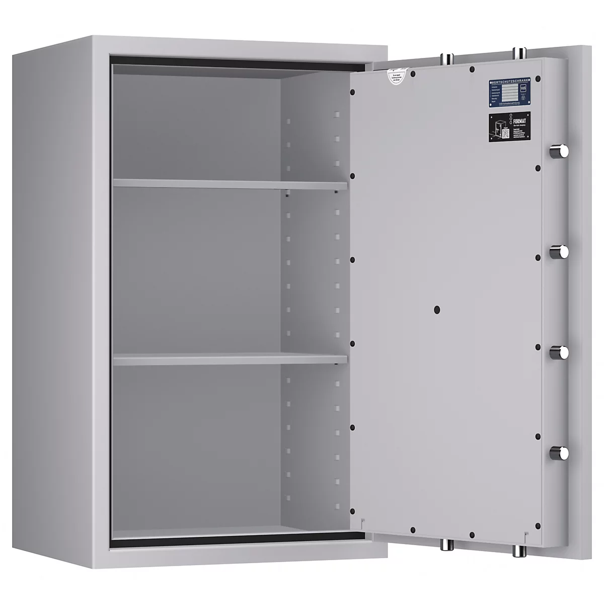 Coffre-fort gris, porte ouverte, deux étagères, petites commandes. Porte avec boulons de verrouillage.