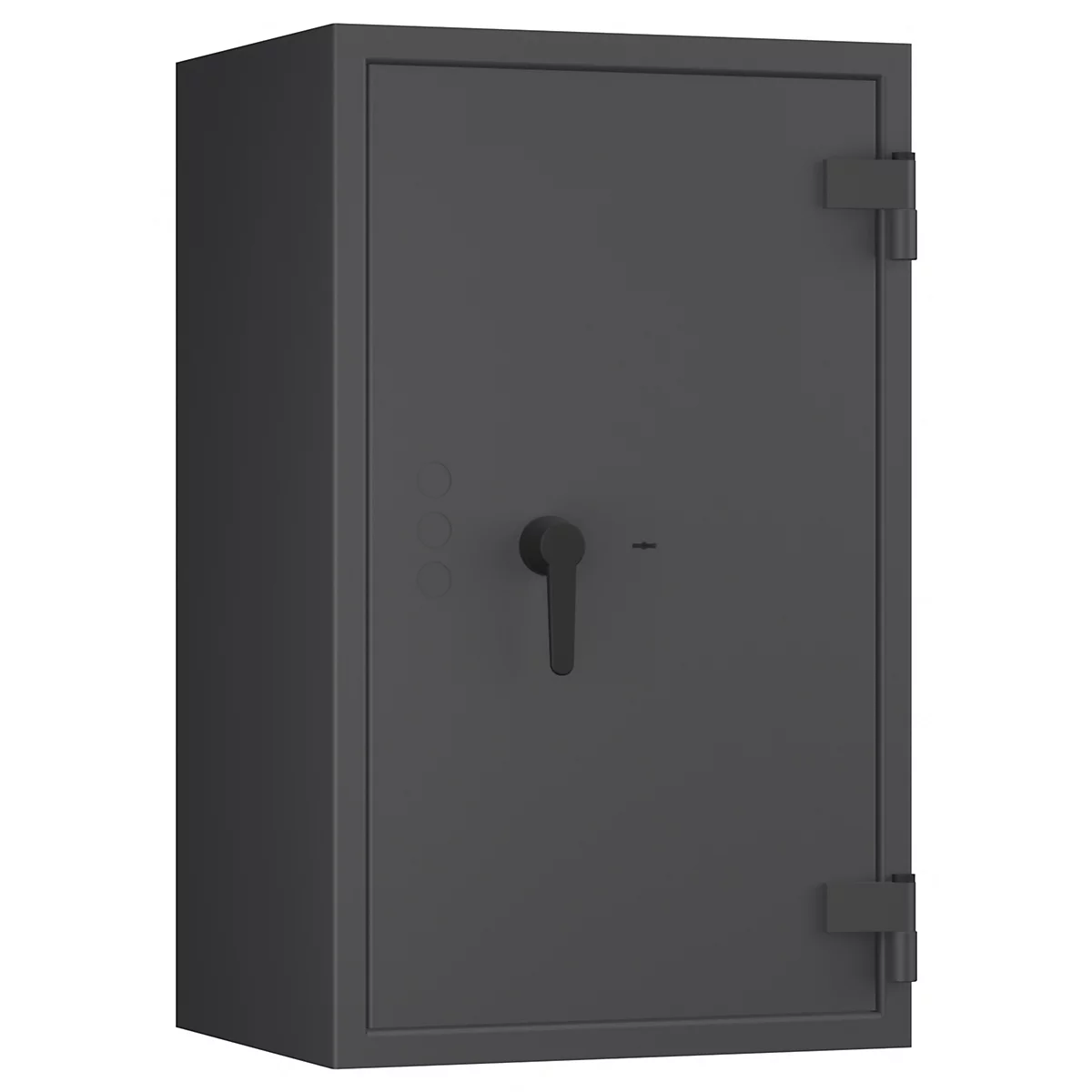 Un coffre-fort gris se dresse sur un fond blanc. Il possède une poignée, des charnières et un petit panneau de commande.